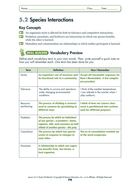 Species Interactions Worksheet Part A Chart