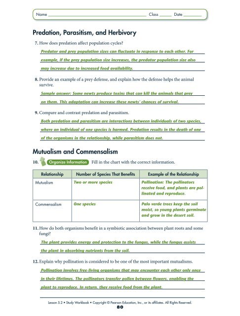 Species Interactions Worksheet Part A Chart