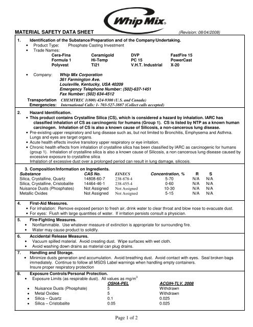 Page 1 of 2 MATERIAL SAFETY DATA SHEET - Whip Mix