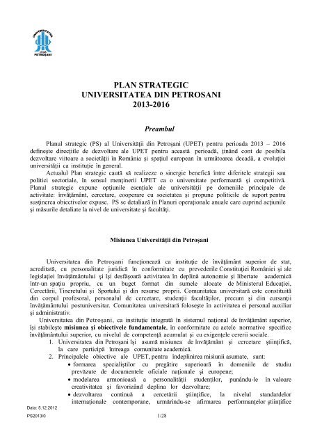 Plan Strategic Universitatea Din Petrosani 2013 2016