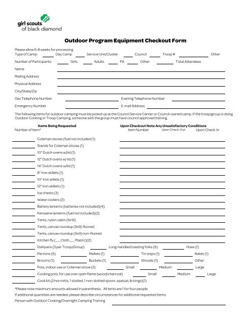 Outdoor Program Equipment Checkout Form