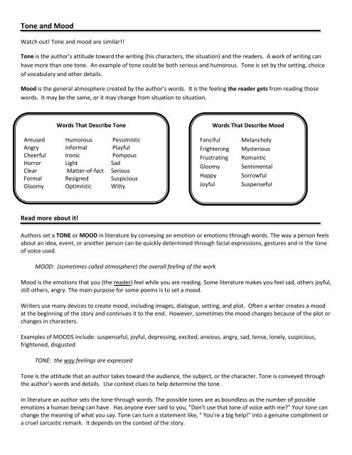 Tone and mood worksheet