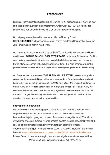PERSBERICHT Filmhuis Hoorn, Stichting Oosterkerk en ComitÃ© 40 ...
