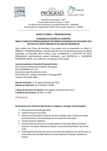 edital nÂº 91/2013 - CIPEAD - Universidade Federal do ParanÃ¡