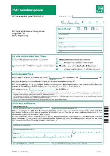 Antrag PSD Gewinnsparen - PSD Bank Niederbayern-Oberpfalz eG