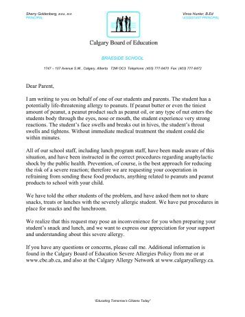 Severe Allergy Information at Braeside School - Calgary Board of ...