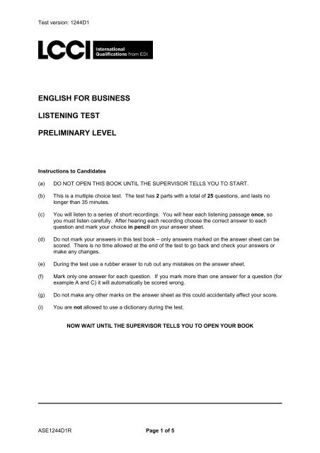 english for business listening test preliminary level - LCCI