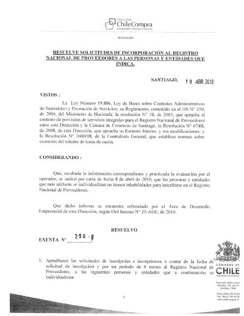 Resolucia N Proveedores Inscritos Marzo 10 Chileproveedores