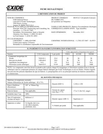 FICHE SIGNALÉTIQUE - Exide Technologies