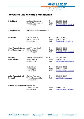 Vorstandsverzeichnis 2013 - Ruderclub Reuss Luzern