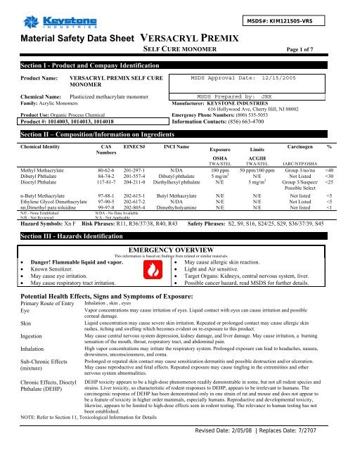 Versacryl Reline Heat Cure Monomer MSDS - Keystone Industries