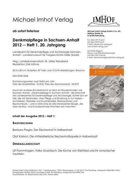 Denkmalpflege in Sachsen-Anhalt 2012 Heft 1, 20. Jahrgang