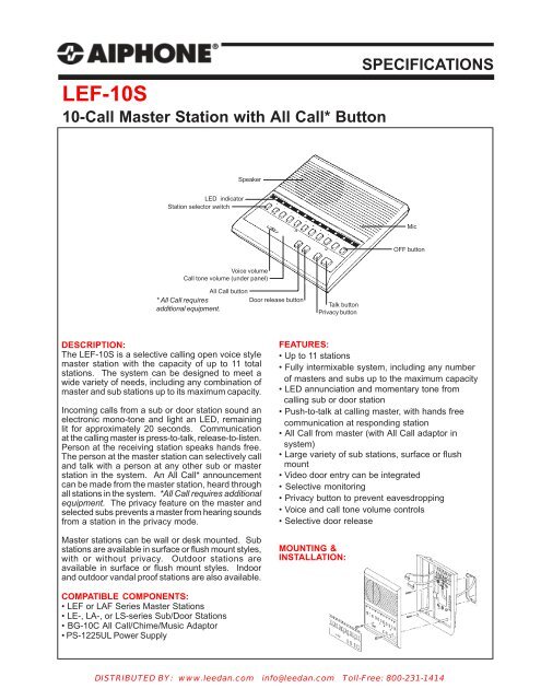 AIPHONE LEF-10S 10-Call Master Station Intercom With All Call