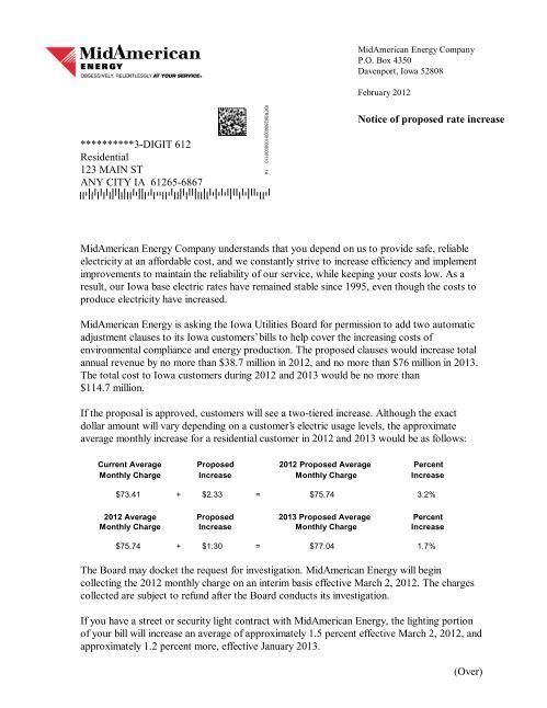 Sample Electric Rates Residential Letter - MidAmerican Energy