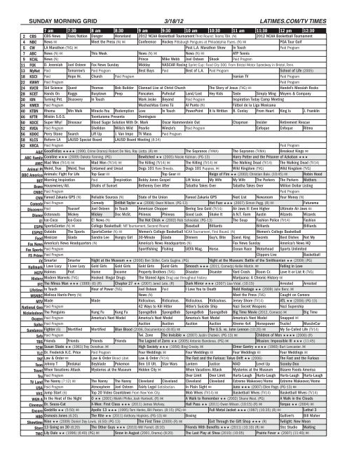 Sunday Morning Grid 3 18 12 Latimes Com Tv Times Blogs