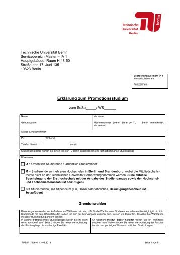 Erklärung zur Einschreibung für ein Promotionsstudium - TU Berlin