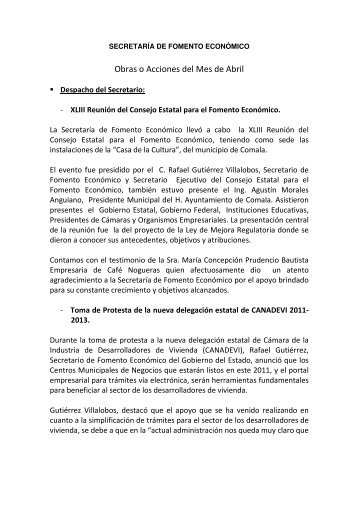 Obras o Acciones del Mes de Abril - Gobierno del Estado de Colima