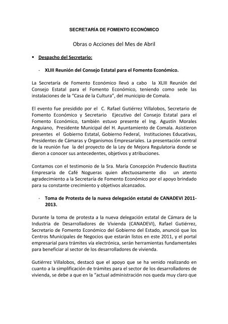 Obras o Acciones del Mes de Abril - Gobierno del Estado de Colima