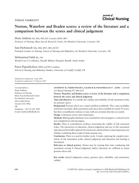 Norton, Waterlow and Braden scores: a review of ... - Cardiff University