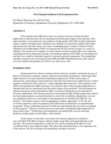 Wet-Chemical Synthesis of ZnTe Quantum Dots Jun Zhang ...