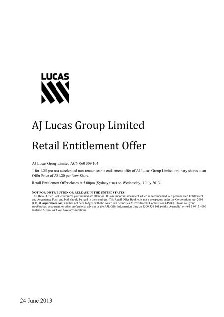 Retail Entitlement Offer Booklet and Covering Letter - AJ Lucas