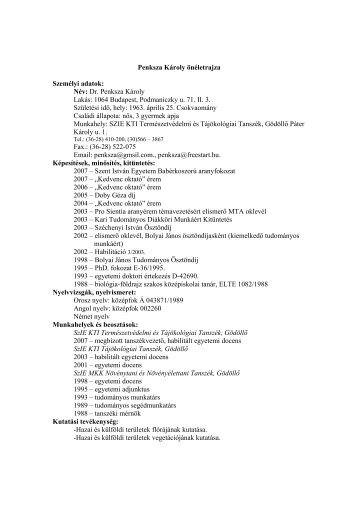 Penksza KÃ¡roly Ã¶nÃ©letrajza SzemÃ©lyi adatok - Szent IstvÃ¡n Egyetem