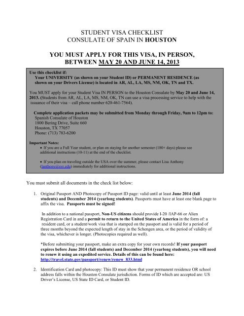 student visa checklist consulate of spain in houston you ... - SU Abroad