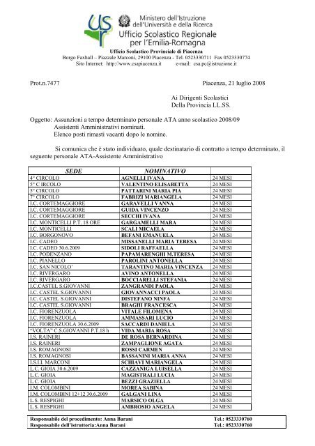 Assunzioni a tempo determinato - USP di Piacenza