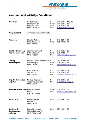 Vorstand und wichtige Funktionen - Ruderclub Reuss Luzern