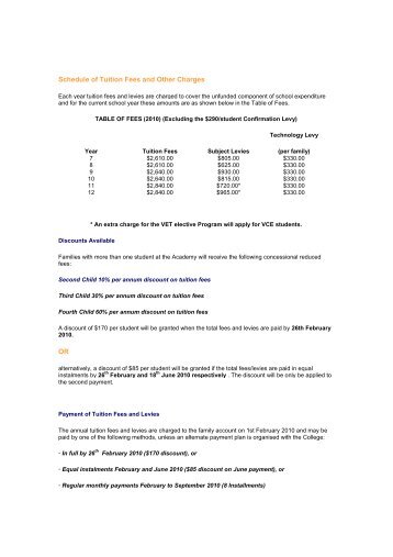 Schedule of Tuition Fees and Other Charges OR