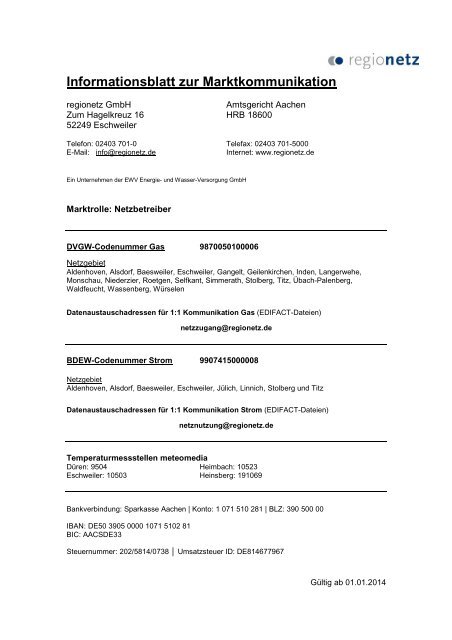 Kommunikationsdatenblatt Netzbetreiber - regionetz