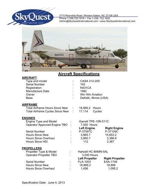 DOWNLOAD Spec CASA 212-200 SN 193 - SkyQuest International