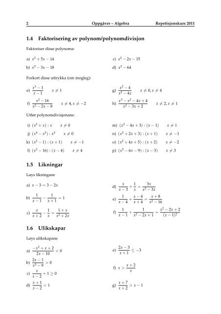 Kapittel 1 Algebra