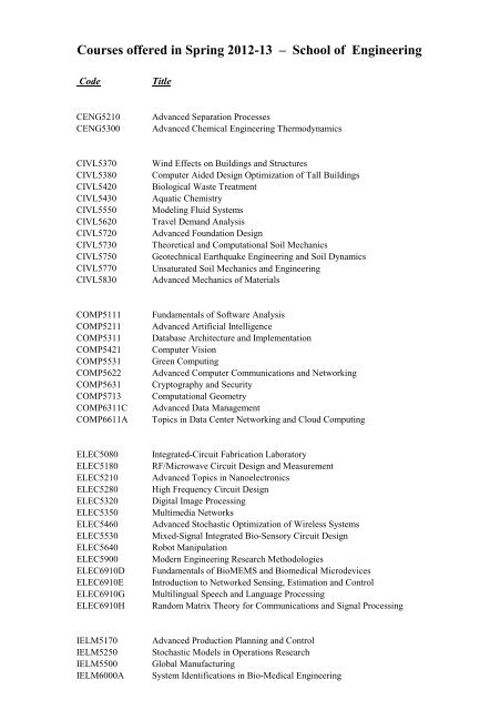 Courses offered in Spring 2012-13 â School of Engineering