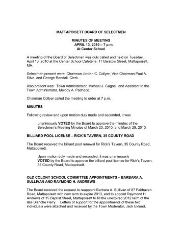 BOARD OF SELECTMEN - Town of Mattapoisett