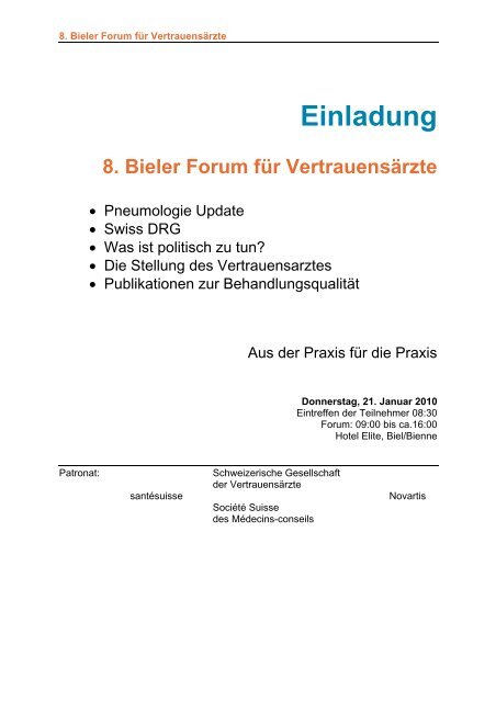 Einladung 8. Bieler Forum fÃ¼r VertrauensÃ¤rzte