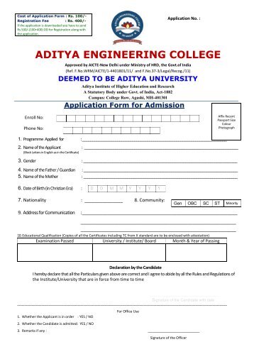 Application Form for Admission - Aditya Engineering College