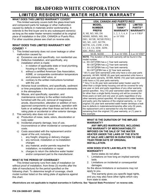 Bradford White Warranty Chart