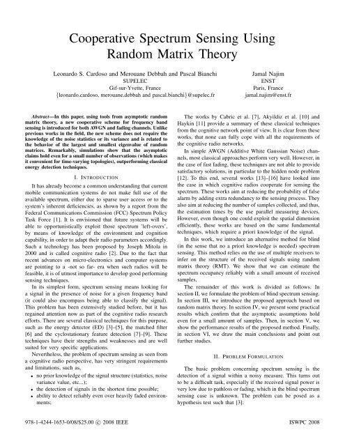 Cooperative Spectrum Sensing Using Random Matrix Theory - HAL