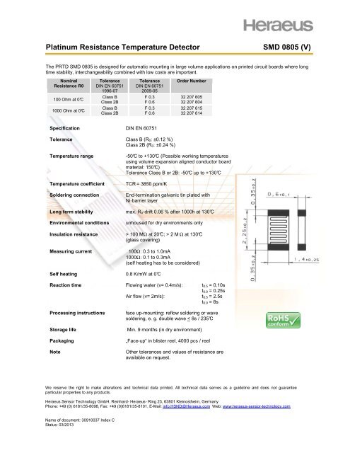 Platinum Resistance Temperature Detector SMD 0805 (V) - Heraeus ...