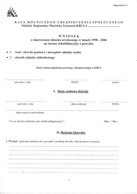 wniosek o skierowanie dziecka na turnus rehabilitacyjny - KRUS