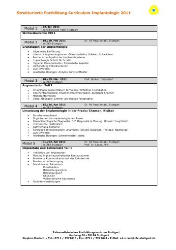 Strukturierte Fortbildung Curriculum Implantologie 2011 - ZFZ Stuttgart