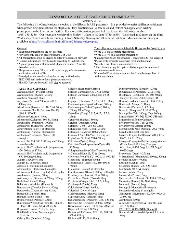 Outpatient Formulary Dyess Air Force Base Pharmacy