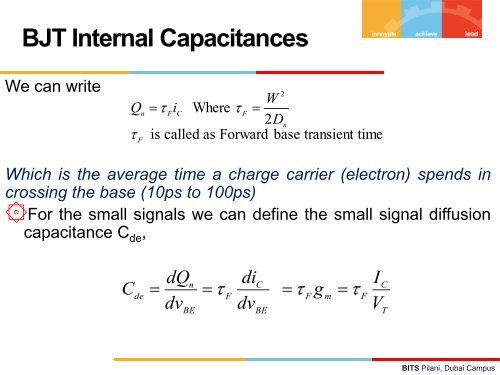 BJT Internal Capacitances and High Frequency Model - BITS Pilani