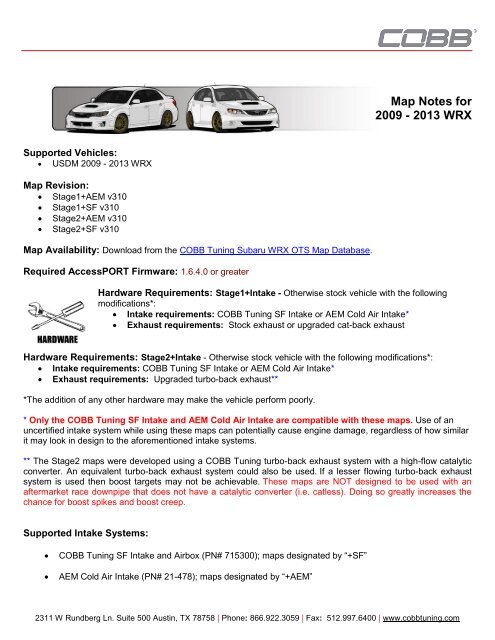 Cobb Aem Intake Map Map Notes For 2009 - 2013 Wrx - Cobb Tuning
