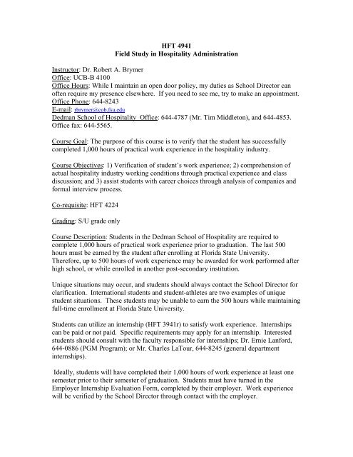 Hft 4941 Dedman School Of Hospitality Florida State