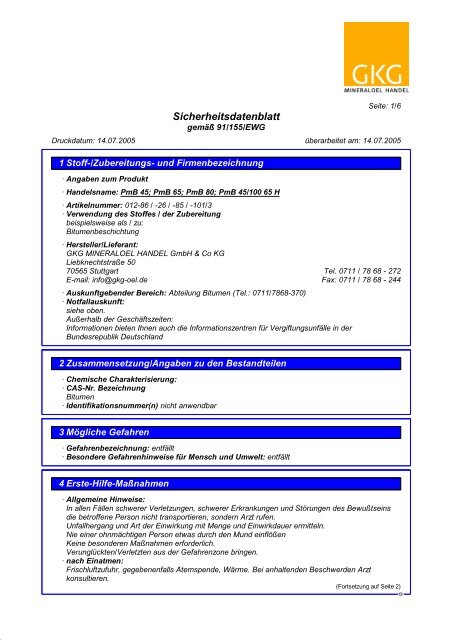 Sicherheitsdatenblatt - GKG MINERALOEL HANDEL GMBH & CO KG