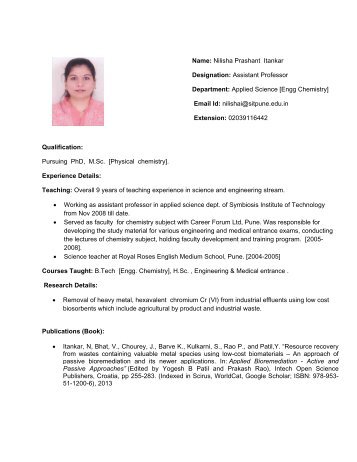 Name: Nilisha Prashant Itankar Designation: Assistant ... - SIT