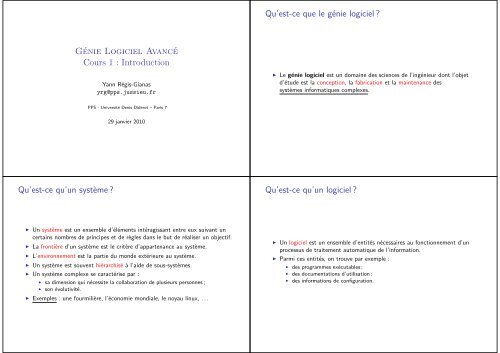 GÃ©nie Logiciel AvancÃ© Cours 1 : Introduction Qu'est-ce que le gÃ©nie ...