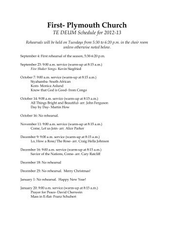 First- Plymouth Church TE DEUM Schedule for 2012-13